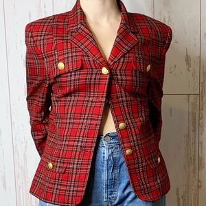 Vintage plaid academia Pendleton virgin wool red blazer with gold buttons